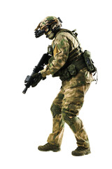Camouflaged soldier in tactical gear aiming weapon during military operation