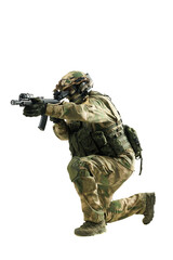 Military soldier in tactical gear aiming rifle on a white background