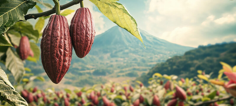 Ripe cocoa pods growing on a tree in a plantation with mountain on background