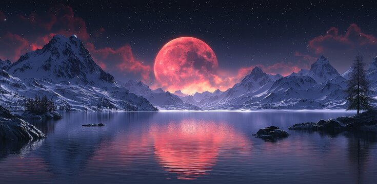 A landscape on an alien planet features a massive moon, a sky that glows red, and dark, rocky mountains