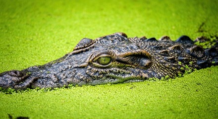 Fototapeta premium Crocodile lurking in green water, showcasing its stealth and power