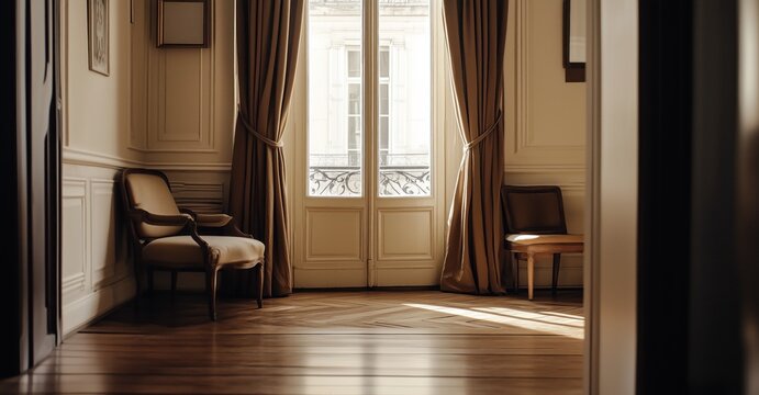 Une pi&egrave;ce avec mur clair avec un plancher en bois, une porte et des rideaux marrons en arri&egrave;re-plan, un int&eacute;rieur classique dans le style du design fran&ccedil;ais, simple et &eacute;l&eacute;gante.