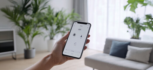 Woman using smart home app on mobile phone to control heating and lighting