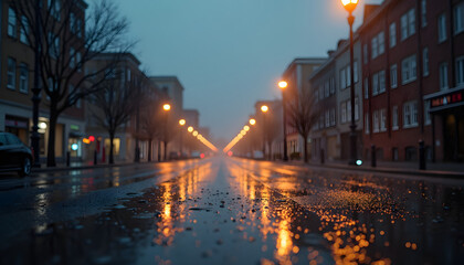 Fototapeta premium Empty rainy street at night with reflections