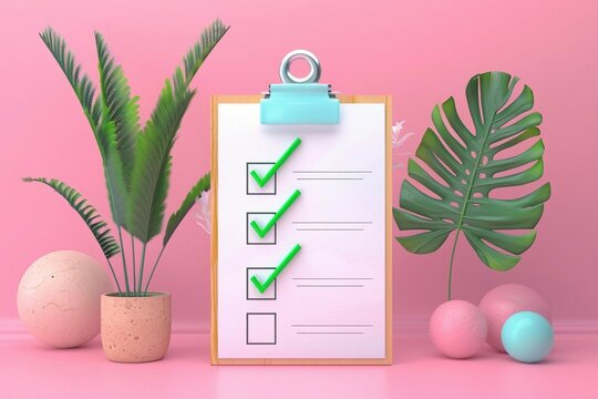 Colorful clipboard checklist surrounded by organized supplies, productivity and planning theme