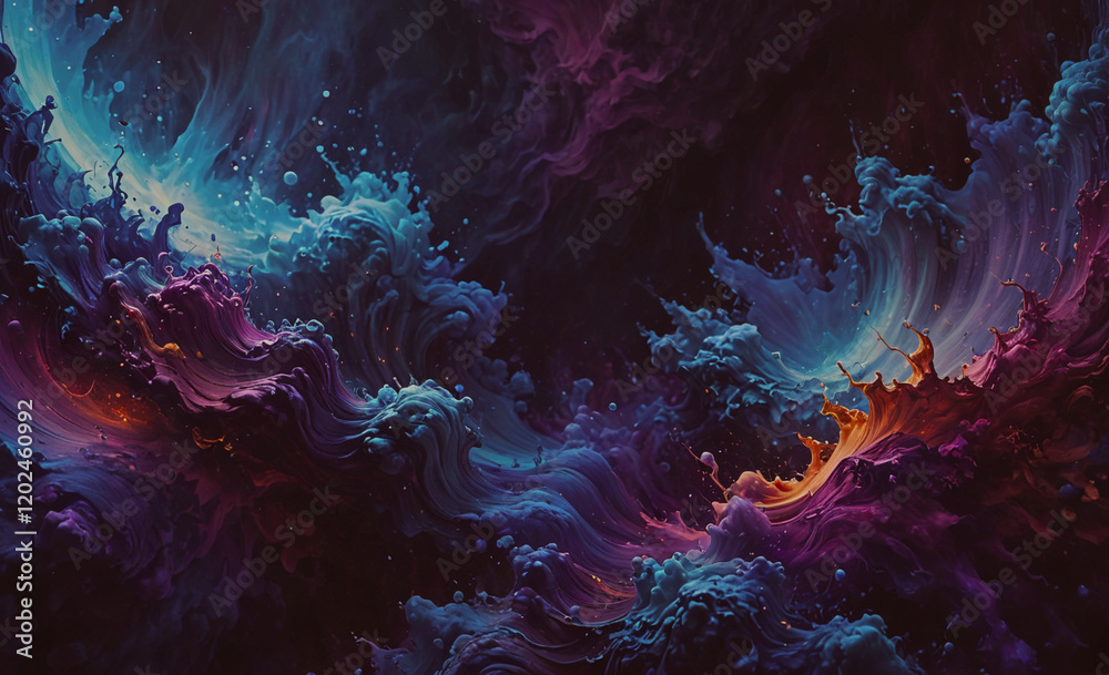 Poster a colorful, abstract painting of a wave with a splash of orange and blue. the painting is full of en