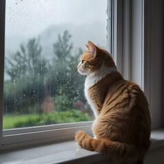 Cat looking out rainy window