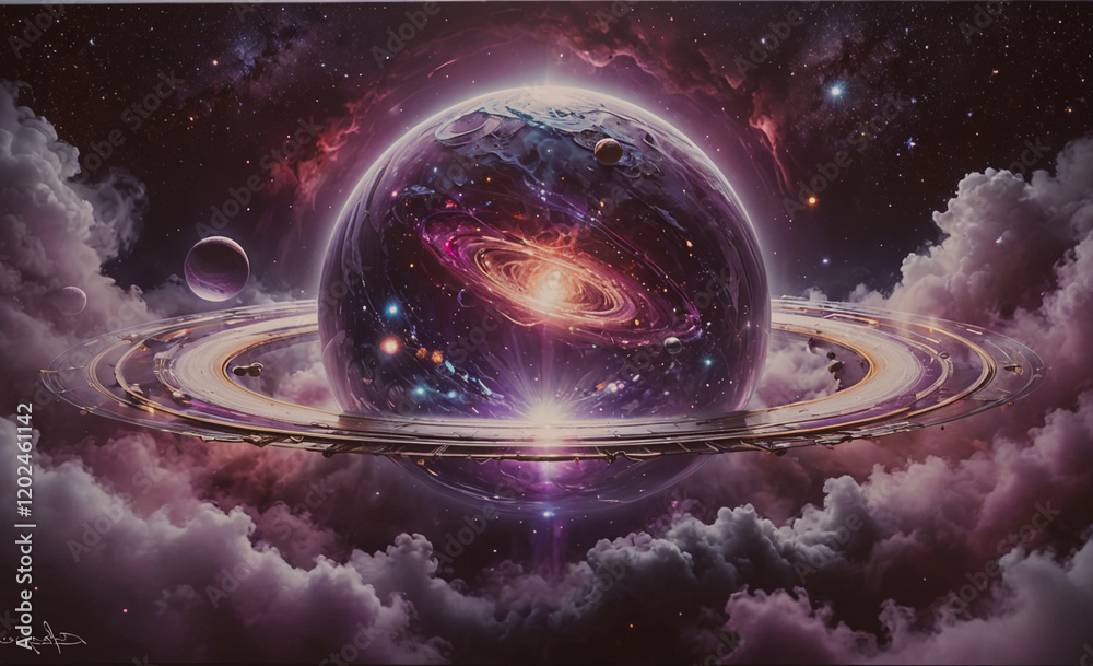 Poster a colorful space scene with a large planet in the center and two smaller planets in the background. 