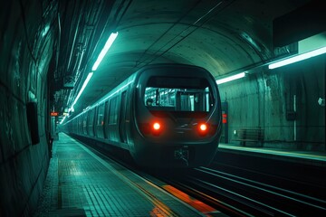 Fototapeta premium Modern train emerging from dimly lit underground tunnel, glowing