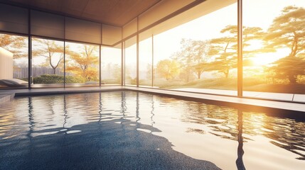 Fototapeta premium Indoor pool with large windows overlooking autumnal landscape at sunset.