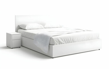 Fototapeta premium Modern White Bedroom Set: Sleek Bed and Nightstand