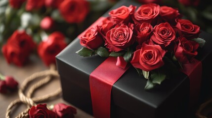 Obraz premium Romantic red roses adorn black gift box on wood; Valentine's Day