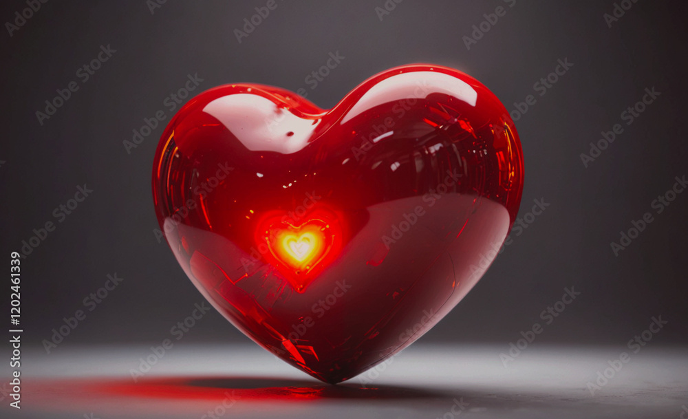 Poster a heart with a hole in it is lit up with a red light. the heart is surrounded by a dark background