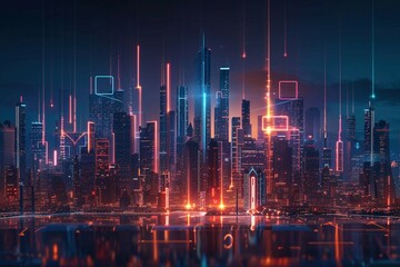 Fototapeta premium Vivid futuristic cityscape illuminated by neon skyscrapers under dark night sky, sci-fi ambiance