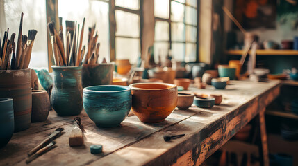 An Artistic Exploration of a Potter's Studio Bathed in Natural Light and Clay Inspiration