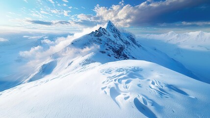 Dramatic snowcovered mountain under a stormy sky, with windblown snow patterns and frosty textures on the ground, moody and intense