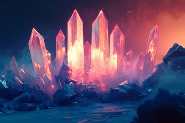 Fototapeta premium Glowing Crystal Structures in a Dark Landscape