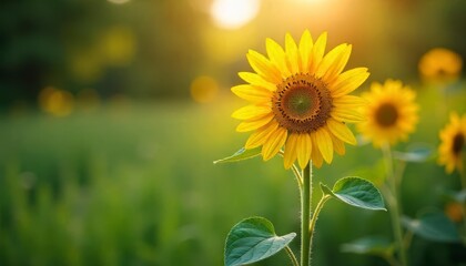 Obraz premium A field of sunflowers with a sun in the background
