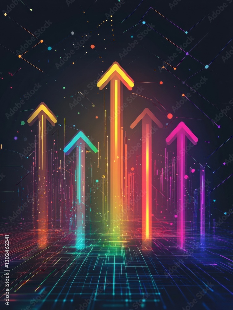 Aufkleber colorful digital arrows illuminating data trends in a futuristic environment with vibrant lights and