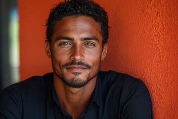 Fototapeta premium A curious expression is seen on a handsome young man in front of a striking red backdrop