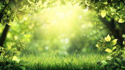 Obraz premium Defocused green trees in forest or park with wild grass and sun beams. Beautiful summer spring natural background