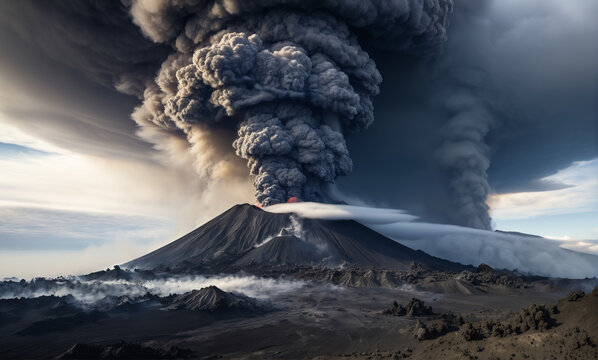   Awe-inspiring landscape featuring a volcanic eruption with dense ash and smoke clouds, intricate details on volcanic debris and textured fog, creating a dramatic lighting effect.
