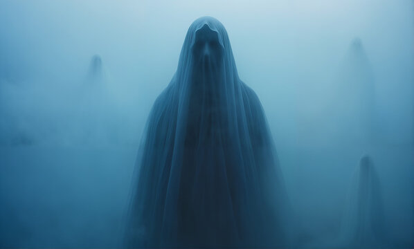   A ghostly figure materializes from eerie blue fog, its face defined by intricate details.