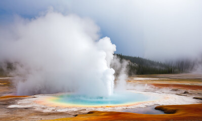 Fototapeta premium A vibrant geothermal landscape captured in high detail, featuring an erupting geyser surrounded by a blanket of dense white fog, with intricate texture details on rocks and minerals.