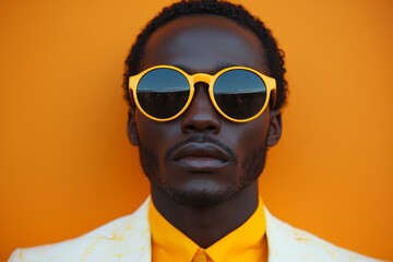 Fototapeta premium A stylish American African man in sunglasses set against a bright yellow backdrop, exuding a confident, modern, and trendy look with bold colors in a minimalist portrait, embodying contemporary urban