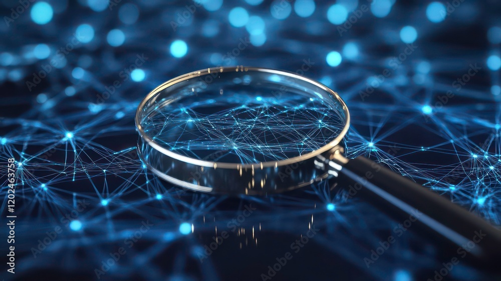 Poster digital magnifying glass over a blue network of interconnected points and lines, representing data a