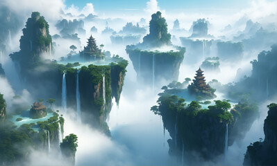   A breathtaking panorama of floating islands enveloped in a veil of white fog, waterfalls plunging into the mist. Vivid details on islands and fog textures bring this fantasy scene to life.