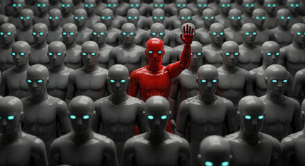 Obraz premium A group of black plastic androids with one red android standing out in the middle with hand up.