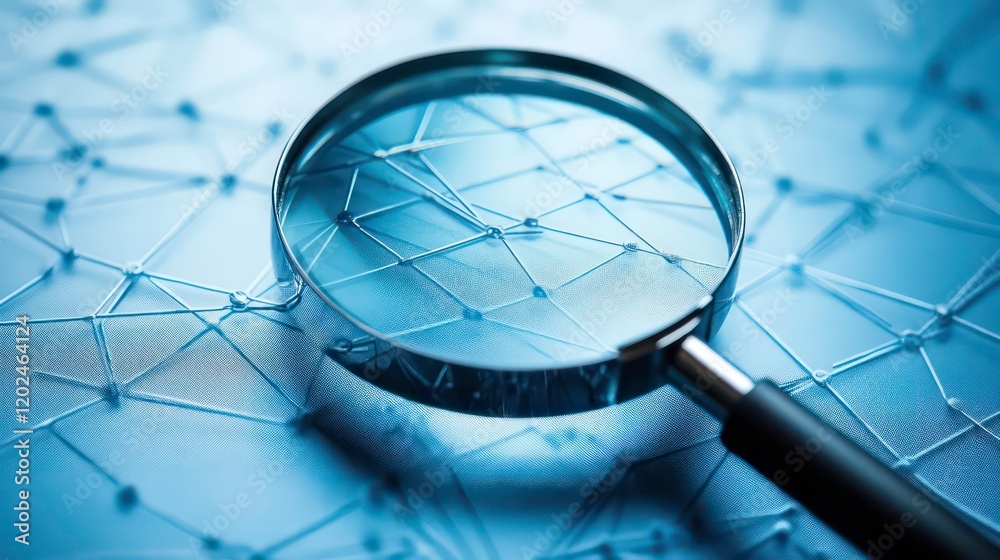 Poster digital magnifying glass over a blue network of interconnected points and lines, representing data a