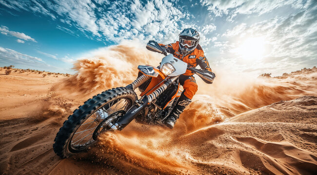 Motorcyclist riding on a dirt bike in the desert, raising a cloud of dust