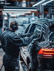 Worker in a car paint shop, wearing protective gear and holding an electric sander, painting the body of a black SUV in a modern factory