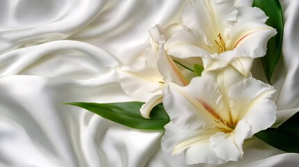 Obraz premium Elegant White Lilies on Smooth Satin Fabric