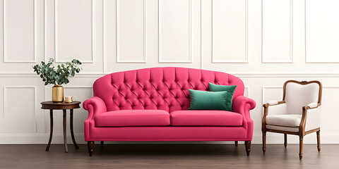 Pink tufted sofa and armchair in a room with white paneled walls.