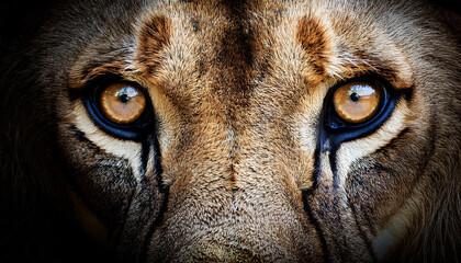 Ojos y mirada de frente de un leon salvaje