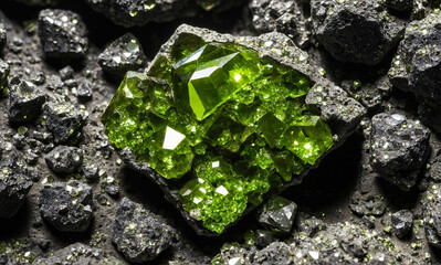   A stunning close-up of a meteorite fragment showcasing intricate peridot crystals, with detailed textures of the meteorite and crystals captured in a macro photograph. © Nick