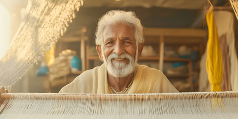 Smiling elderly craftsman at his loom, expertly weaving threads. A scene of traditional craftsmanship and dedication.