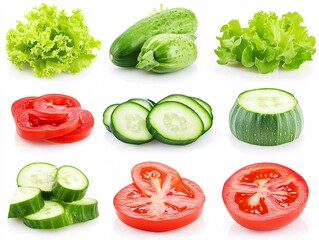 Obraz premium Fresh Vegetables Collage: Tomatoes, Cucumbers, Lettuce & Zucchini Slices