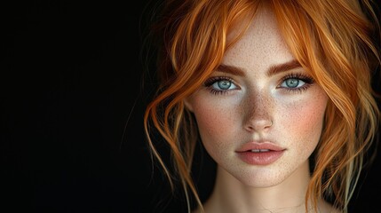 Naklejka premium Red-haired woman with distinctive freckles and bold makeup stands out in a striking beauty portrait on a black background, perfect for high-end cosmetics and bold makeup campaigns