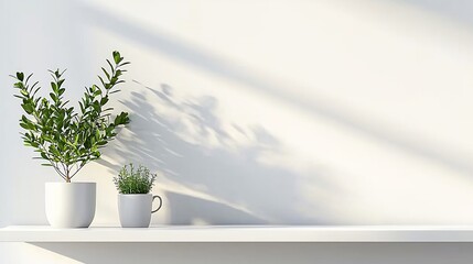 Two potted plants on a white shelf against a white wall with sunlight.