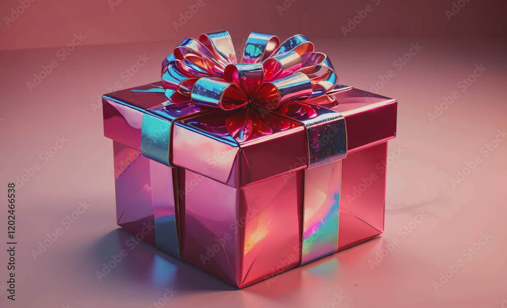 Poster a pink box with a bow on top of it. the box is shiny and has a metallic look to it. the bow is red a