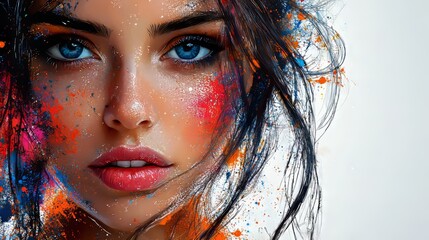Faces adorned with vibrant hues and expressive blue eyes, highlighted by bold color splashes that exemplify artistic flair and dynamic emotion
