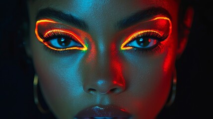 The image showcases the left side of the face bathed in bold neon green, which stands in sharp contrast to the fiery orange on the right, emphasizing the