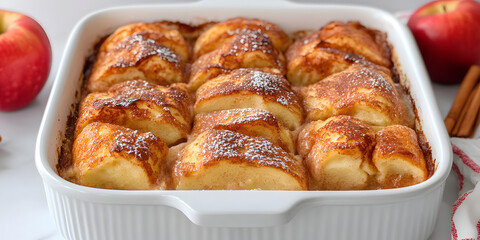 Baked apple dessert in a white baking dish. Golden brown, sweet and delicious!