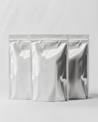 Shiny silver pouches showcased in a minimalistic layout highlight modern packaging design trends