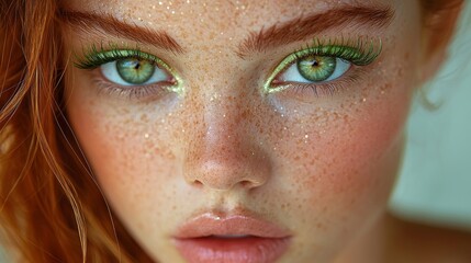 Fototapeta premium A closeup of eyes is featured here, emphasizing the bold application of lime green mascara. The electrifying shade introduces an unexpected twist, highlighting the movement of long lashes