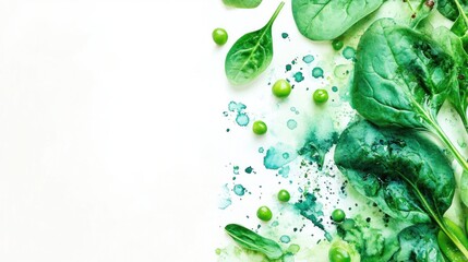 Fresh spinach leaves and peas on white background with green watercolor splatters.